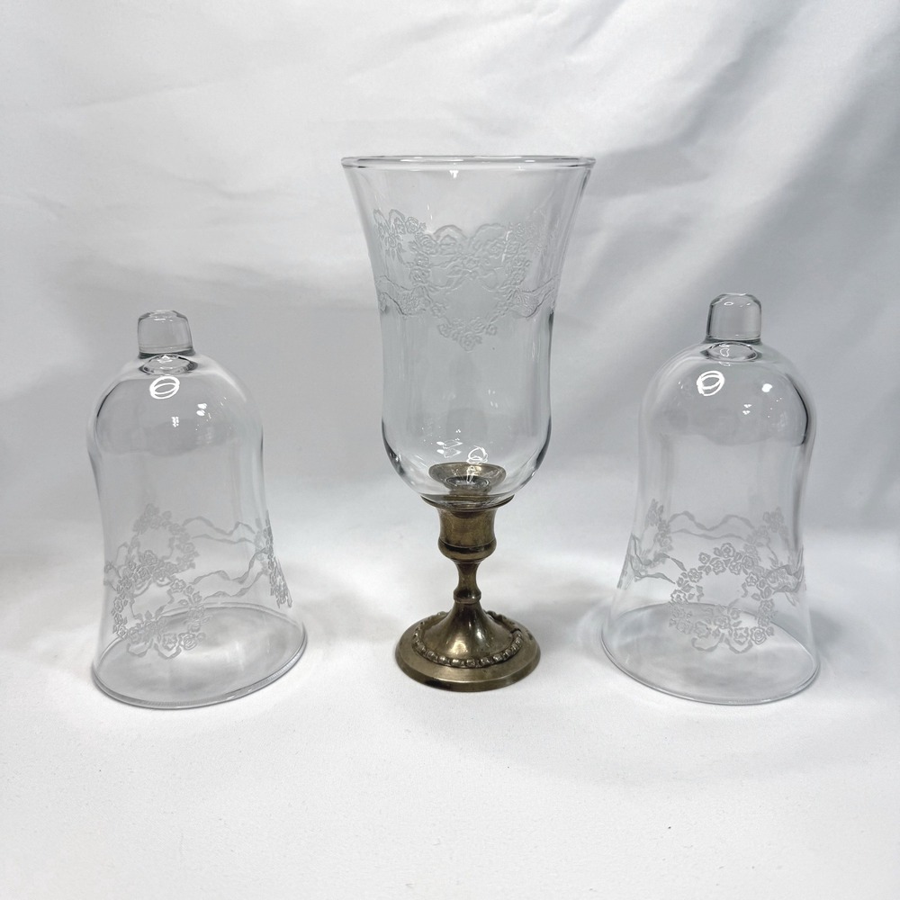 Vtg HOMCO Home Interiors Hearts & Ribbons Etched Glass Peg Votive Cups Set of 3